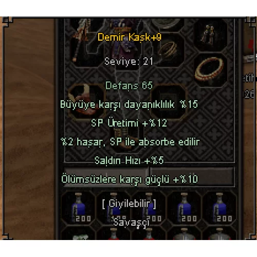  +9 DEMİR KASK 15 BÜYÜ 5 SALDIRI HIZI 10 ÖLÜMSÜZ